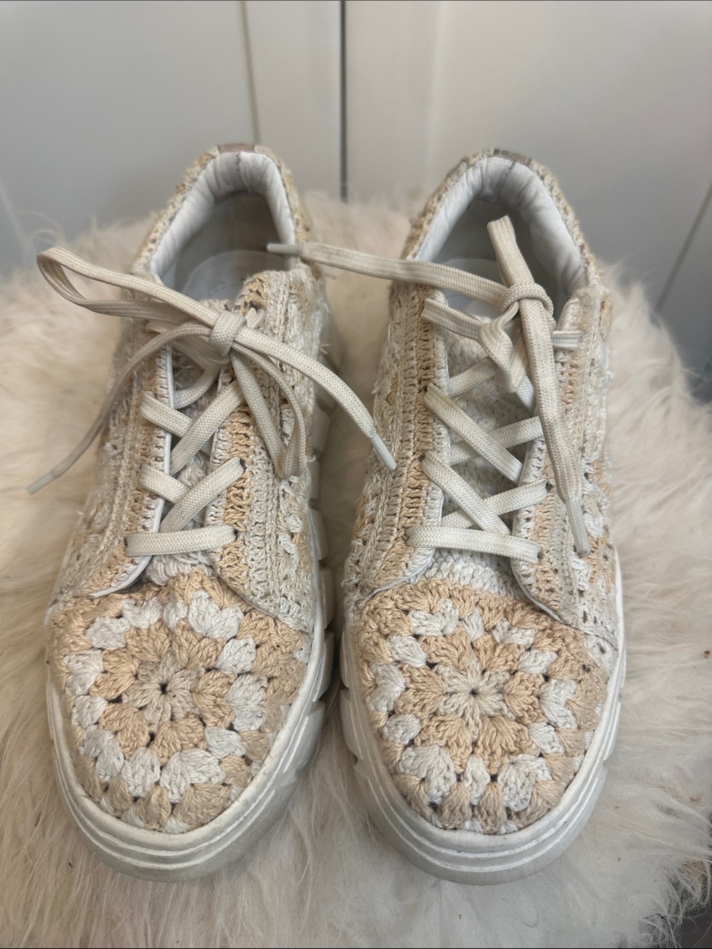 Free People Crochet Knit Lace-Up Sneakers in Cream and Tan